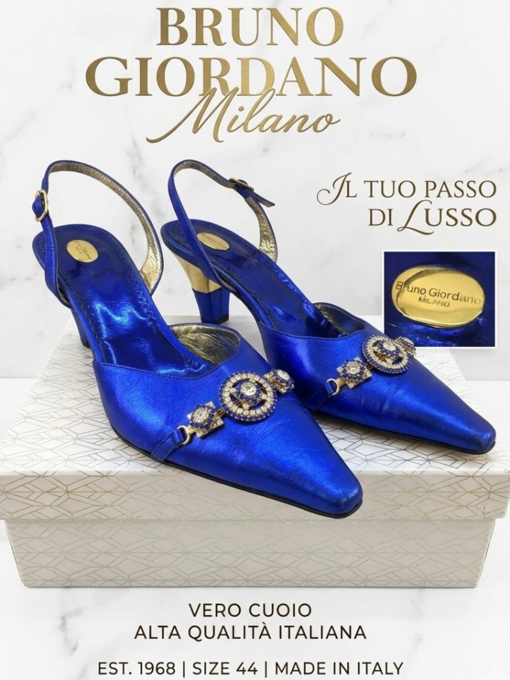 Vintage Bruno Giordano Metallic Blue Crystal Statement Heels Rare Size 44 IT